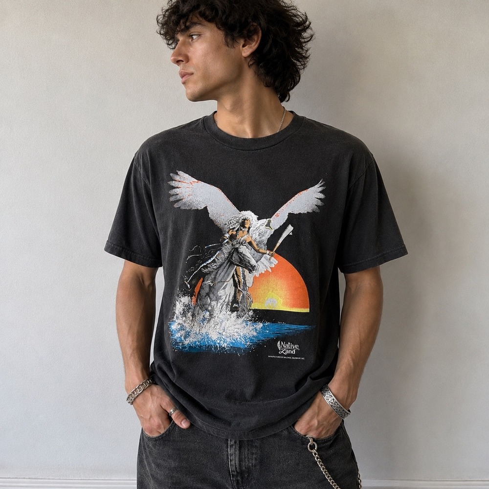 Vintage Branded Native‎ Land Single Stitch T Shirt Mens Large Black Eagle Horse - Picture 3 of 9